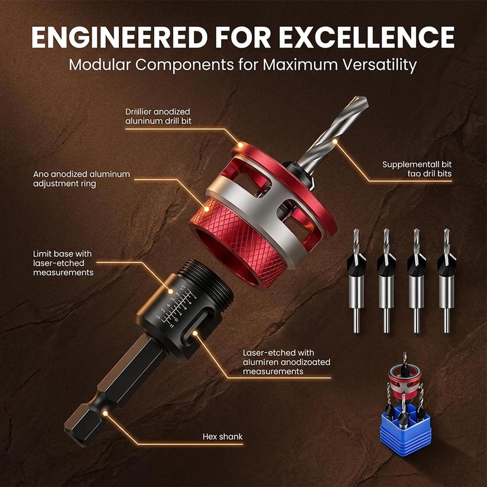Drill Bit Set - Countersink Drill Bit Set With Adjustable